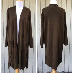 Kerisma Brown Open Front Side Slit with Button Long Knit Cardigan Jacket L/XL
